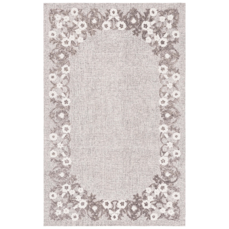 Lycan Ebony Hand Tufted Wool Cotton Floral Rug in Gray/Ivory, Rectangle 3' x 5'