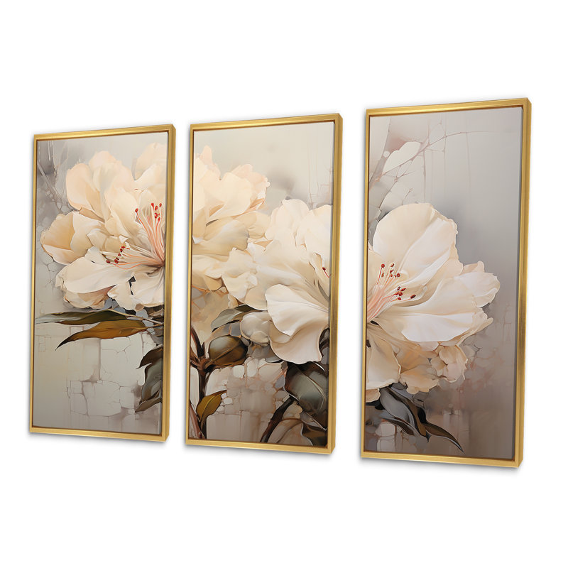 Minimalisme rhododendron subtiles fleurs florales - ensemble d'art mural sur toile rhododendron, Cadre flottant doré