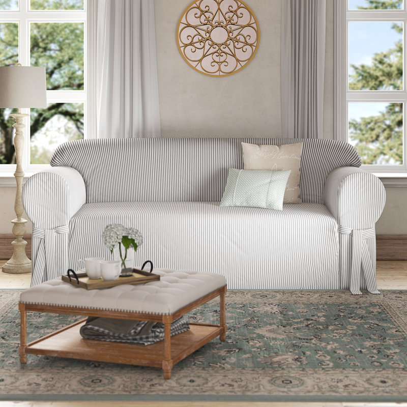 Cotton Box Cushion Sofa Slipcover, Blue