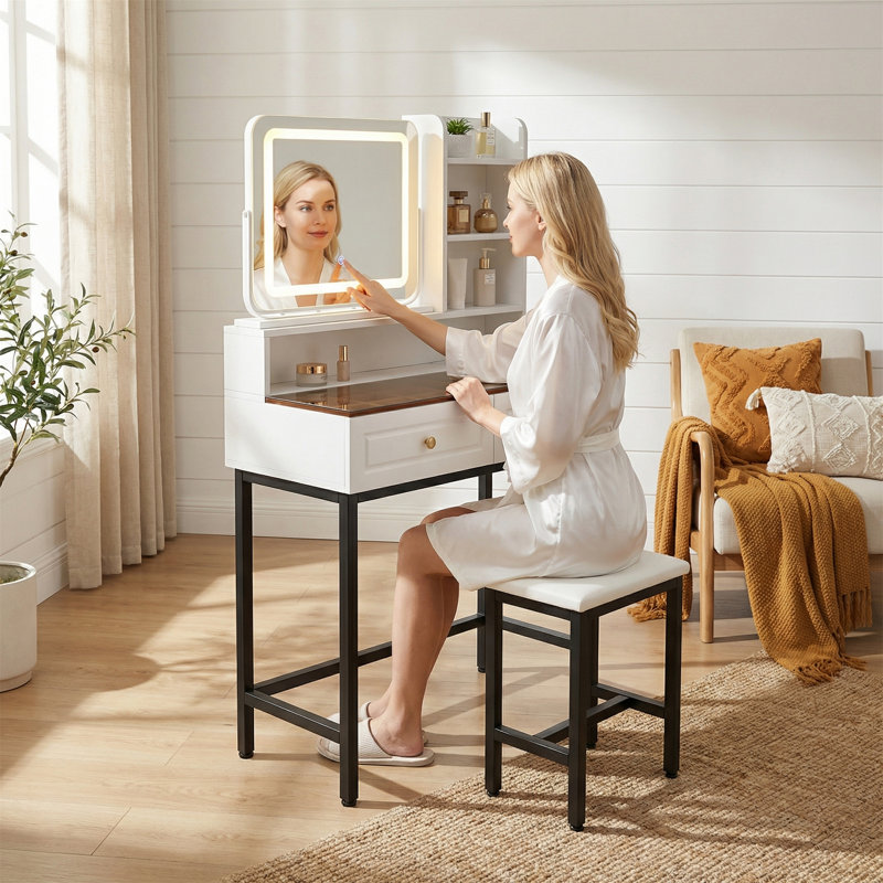 Vanity Table Featuring A 360° Rotating Mirror And Led Lighting, Complete With 2 Drawers, A Power Outlet, And 3 Shelves