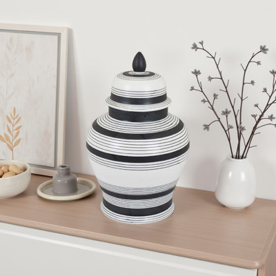 Pot décoratif avec couvercle, contraste minimaliste, lignes bleues blanches, 16 pouces