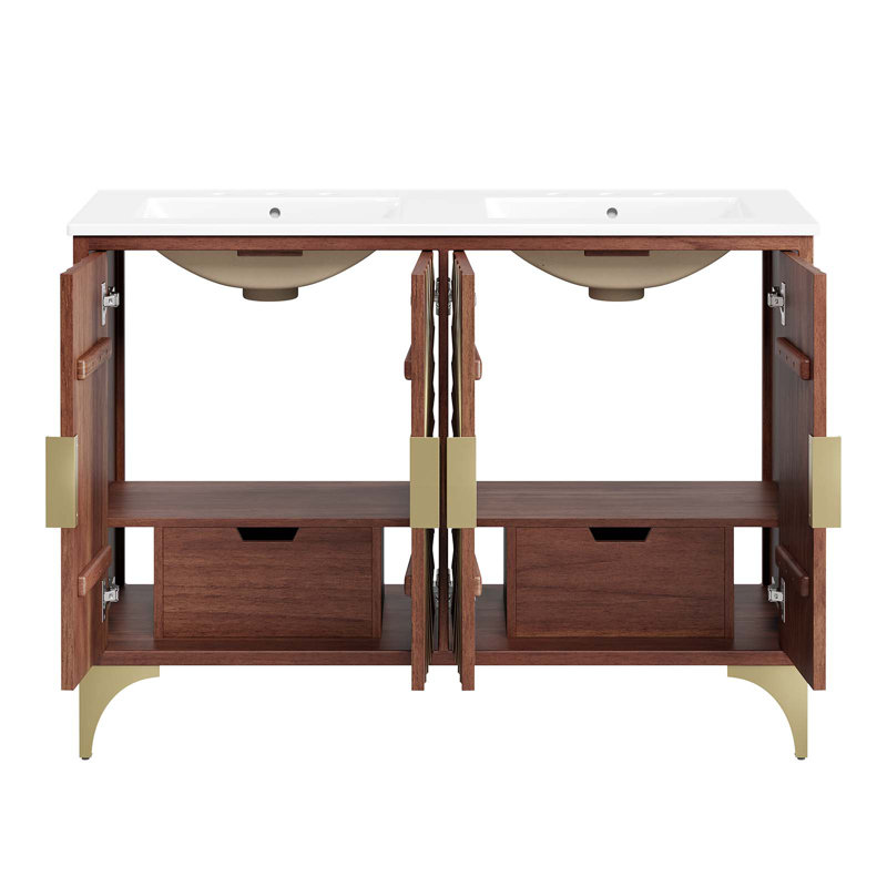 Daylight 48" Double Sink White Walnut Bathroom Vanity with Brass Base