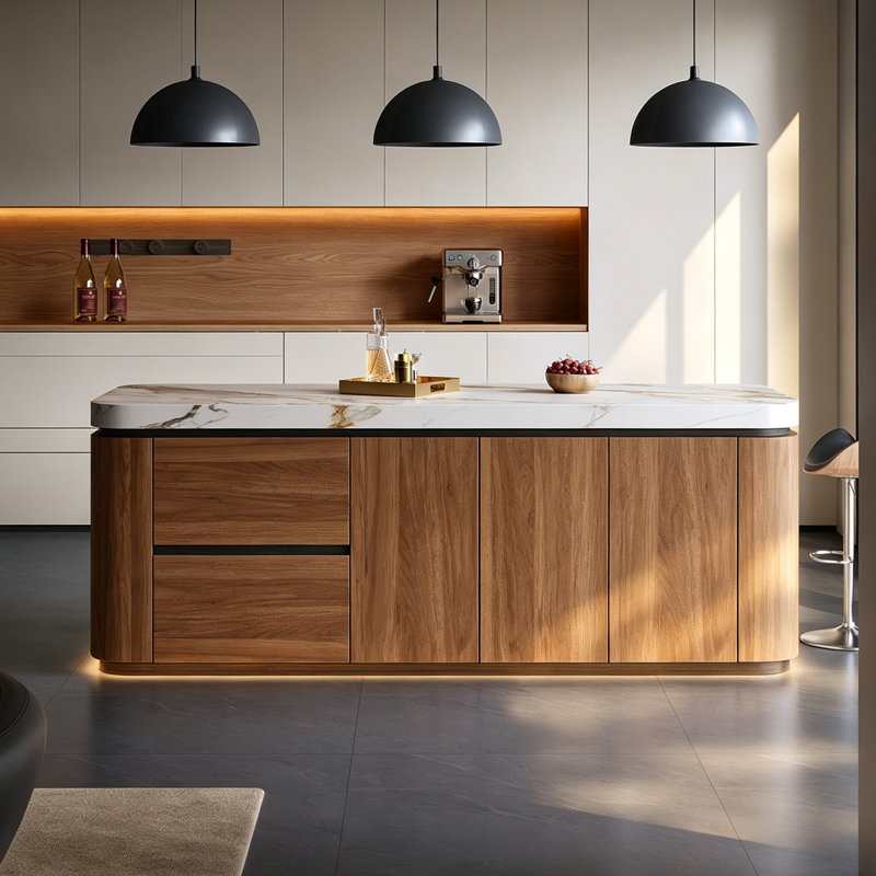 Îlot de cuisine de style Mid-Century avec dessus en marbre, grand espace de rangement et entièrement assemblé.