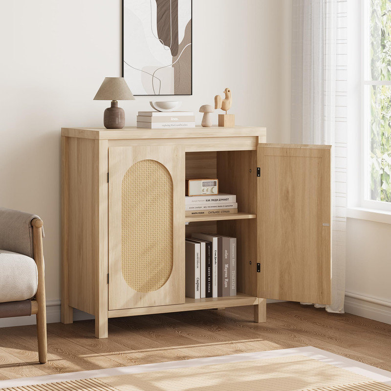 Buffet Mid Century Mid-Buffet - Armoire de rangement rétro 30 "avec portes en rotin et tablettes réglables, console Boho Chic pour salon, salle à manger (naturel)