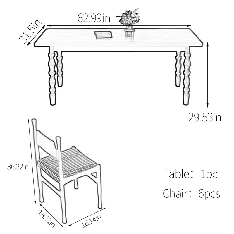 Ensemble de table de salle à manger Vintage, H 29,53 po x L 62,99 po x l 31,5 po