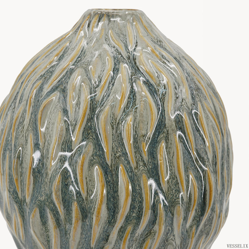 Vase en céramique marbrée 6,5 x 7,5 pouces, urne décorative en forme de larme, ambre et gris anthracite