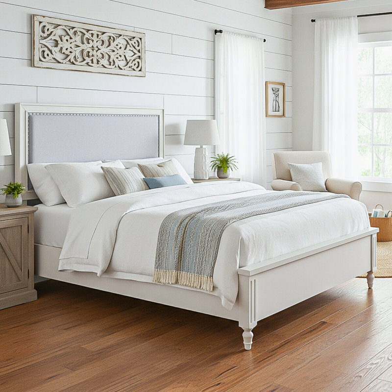 Eira Vale Full Transitional Upholstered Bed Frame with Decorative Nailhead Trim, Classic Turned Feet, and 800lb Capacity