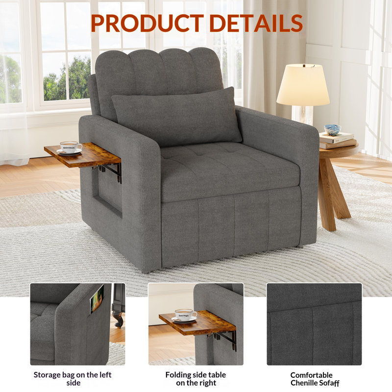 3-in-1 Convertible Sleeper Accent Chair Bed, Gray