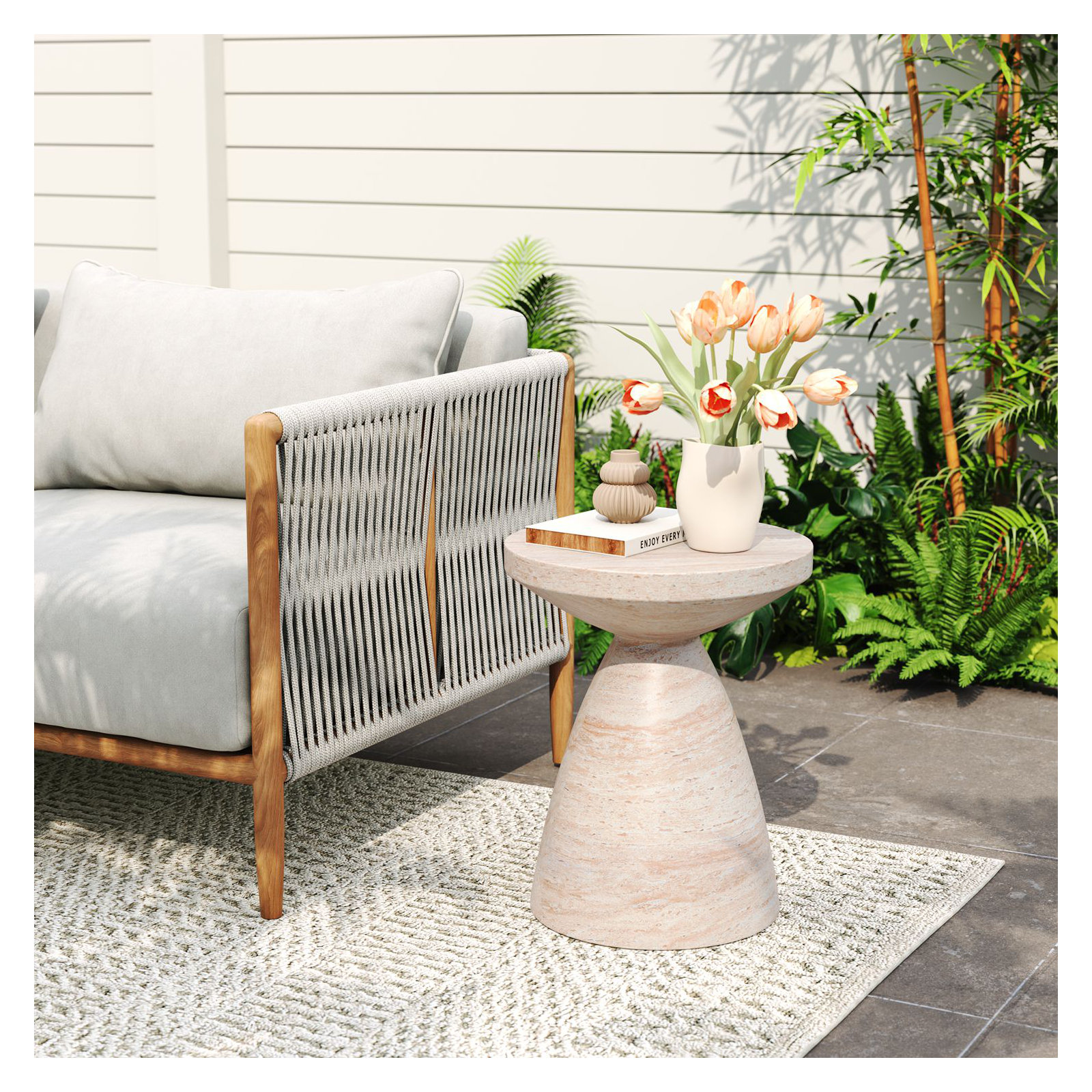 Jacqueline 18" Stone/Concrete Outdoor Side Table, Travertine