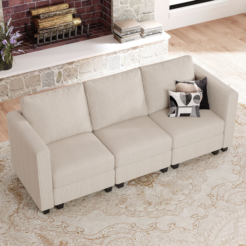 Canapé modulaire avec rangement à 3 places Vevey, Velours côtelé beige