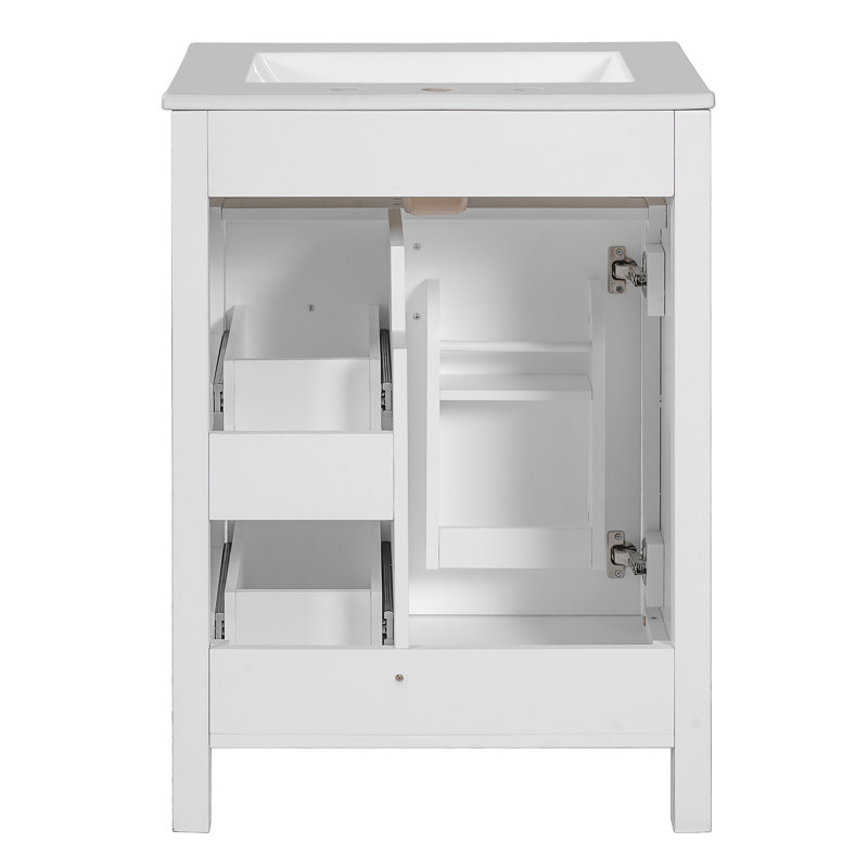 Meuble-lavabo de 24 pouces avec lavabo en céramique, 1 porte à fermeture en douceur, 2 tiroirs à fermeture en douceur et 2 supports de rangement sur la porte