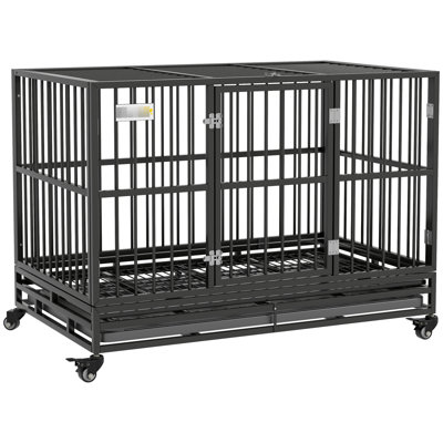 Chenil en métal de 48 po pour chiens de grande taille, robuste avec roues verrouillables, porte double et plateau amovible, porte de chien grise, capacité de poids allant jusqu'à 88 lb