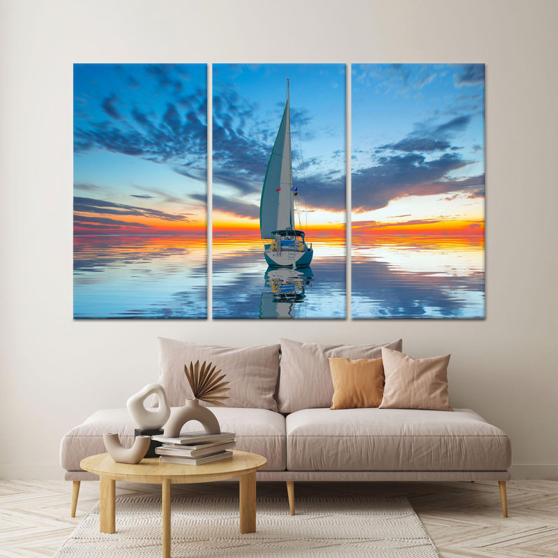 Coucher de soleil sur un bateau à voile: décoration murale moderne sur toile imprimée, toile tendue 3P
