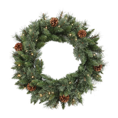 24" Artificial Large Winter Christmas Wreath With LED Lights Farmhouse Pinecone Pre-Lit Wreaths For Front Door Or Wall