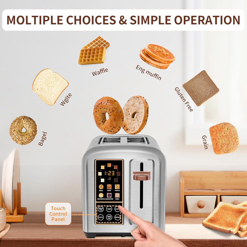 Toaster 2 Slice, Stainless Toaster LCD Display&Touch Button, 50% Faster Heating Speed, Wide Slots, Silver