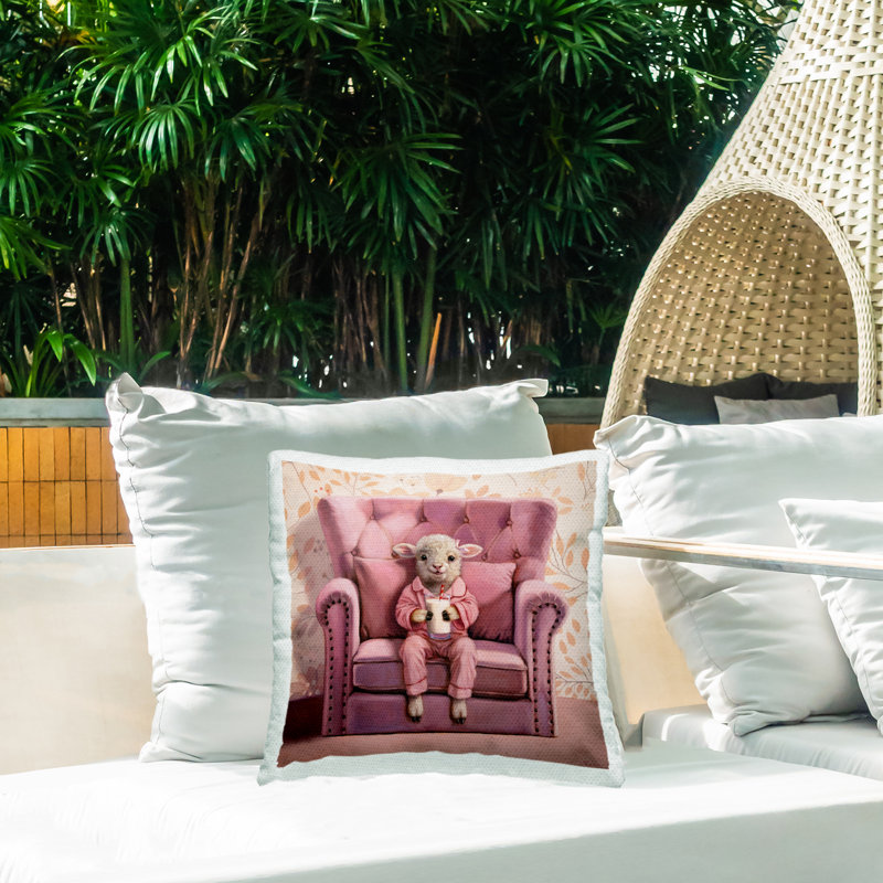 Coussin d'extérieur imprimé lapin dans un bain à bulles relaxant, design par Lucia Heffernan