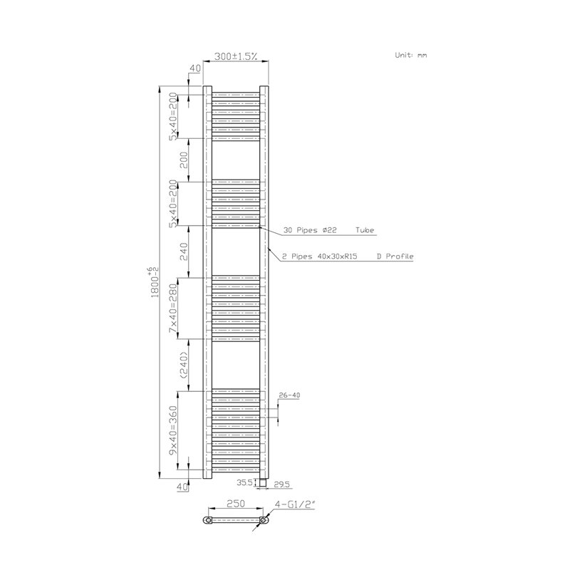 Straight Towel Rail Heated Towel Rails, 180cm H x 30cm W x 3cm D, Chrome