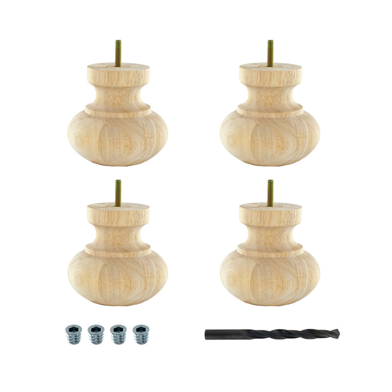 Unfinished Solid Hardwood Round Bun Foot 4-Pack with Insert Nuts and Drill Bit