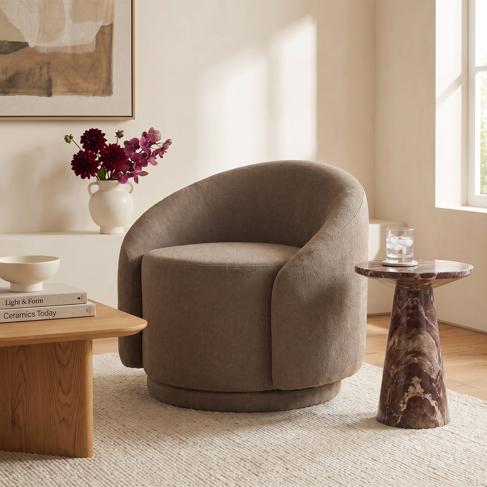Pierre Swivel Accent Chair, Chocolate Performance Boucle