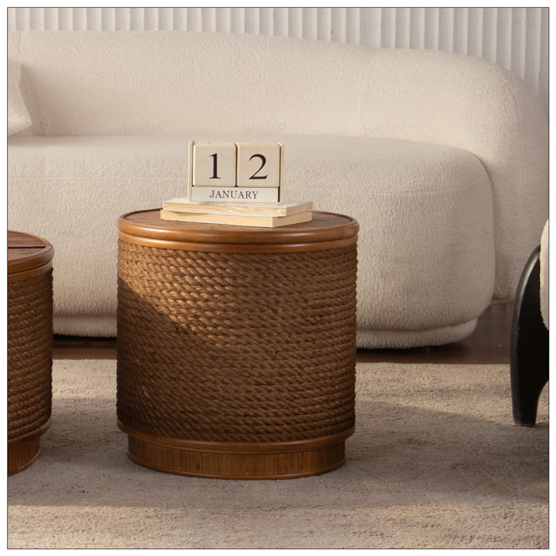 Table basse ronde en rotin avec rangement amovible, garniture en corde de chanvre tissée à la main, style boho-chic, parfaite pour les salons confortables et les espaces compacts