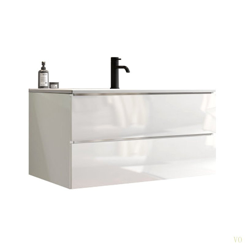 Meuble-lavabo mural brillant 36 po avec lavabo en céramique à un trou, grand meuble-lavabo flottant avec rangement pour salle de bain moderne, pré-assemblé