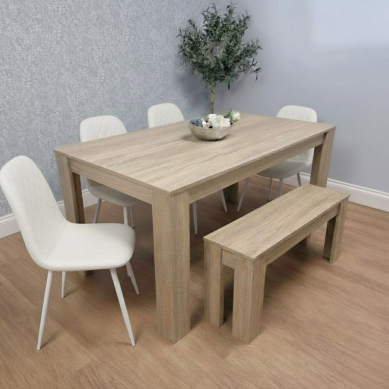 Nykayla 6 - Person Dining Set, White, 75cm H x 140cm W x 80cm D, 6 Pieces: Table, Bench, 4 Chairs