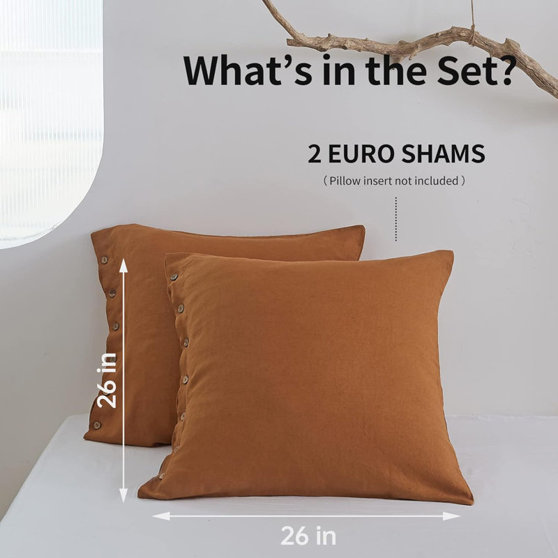 100% Washed Linen Euro Sham Cover, 26 X 26 Inch-Set Of 2, Rust