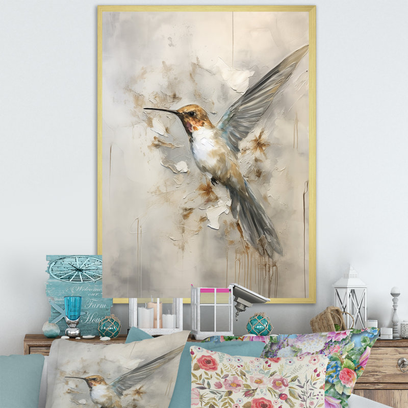 Colibri floral flottant II - Art mural colibri, H 44 po x l 34 po x P 1,5 po, Encadrement doré