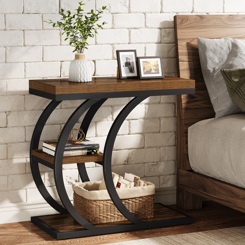 3-Tier C Shaped End Table for Living Room, Rustic Brown, Single