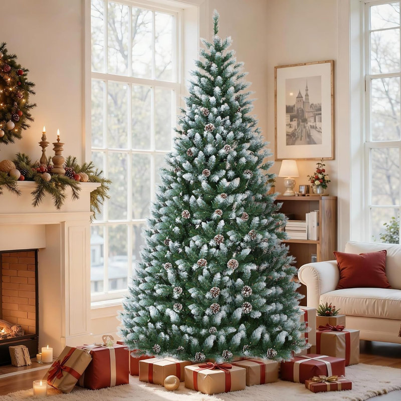 Arbre de Noël artificiel épinette enneigé 7,5 pi, pré-décoré avec des pommes de pin et un pied pliable, décoration de Noël
