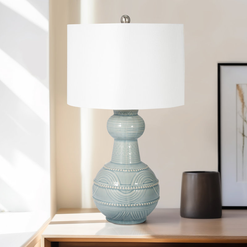 Chinyere Stoneware and Ceramic Table Lamp with Metal Accents and Fabric Shade, Blue