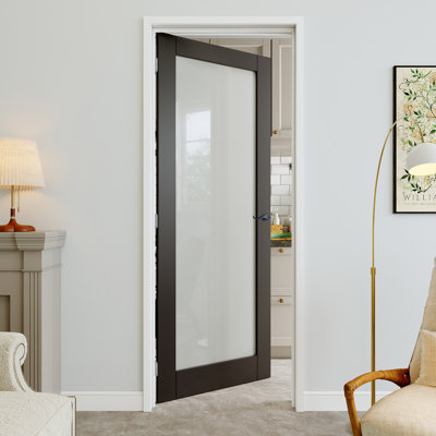 Porte pré-suspendue intérieure 28 po x 80 po en verre givré 1-Lite avec bouton incurvé et charnières argentées, dalle de porte d'intimité en verre, insonorisant et imperméable, combinaison pour la lessive, portes de placard, portes de chambre, main gauche