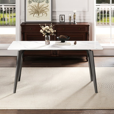 62.04" Rectangular Dining Table In Modern Style, Sintered Stone Material, Dark Grey Metal Legs, Accommodates 6 - 8, White Appearance, , Heat And Fire , Easy To Maintain With Panel, Can Seat Material