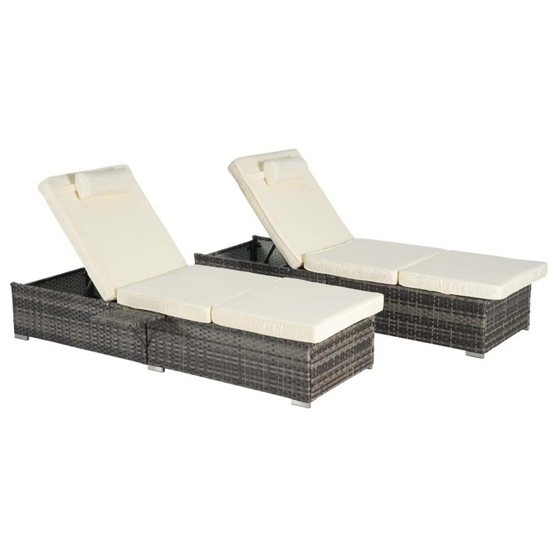 Outdoor Chaise Lounge Chair Set Of 2 With Storage, Adjustable Backrest, Table, And Cushion – Rattan Patio Recliners For Poolside, Backyard, Garden, And Beach Tanning - Beige