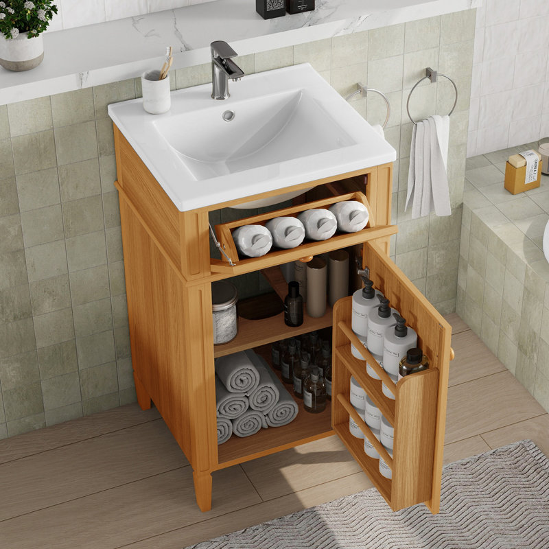 Meuble-lavabo autoportant moderne de 20 pouces avec lavabo en céramique et panneau de fibres à densité moyenne en bois de pin durable Melvera