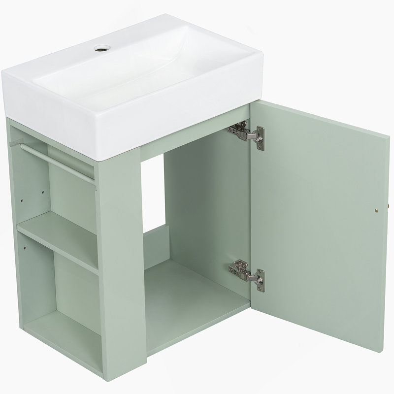 Meuble-lavabo de salle de bain avec lavabo en céramique, porte à motif de losanges, poignée dorée, tablettes latérales et barre à serviettes pour petits espaces, design moderne