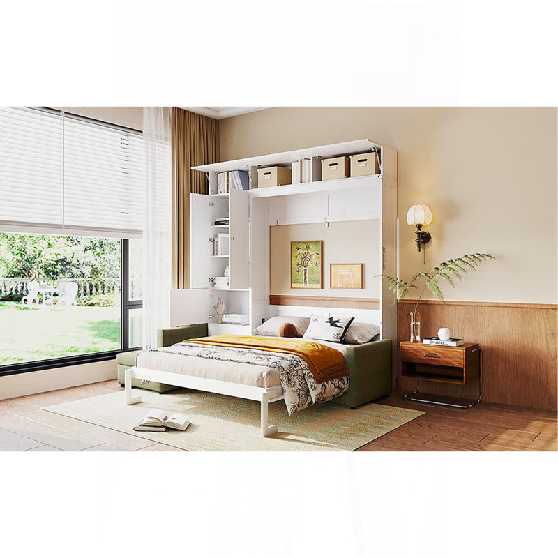 Grand lit escamotable mural avec canapé et tablettes, panneau blanc, canapé vert, Blanc
