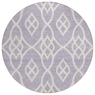 8' Lavender And Ivory Round Trellis Washable Indoor Outdoor Area Rug