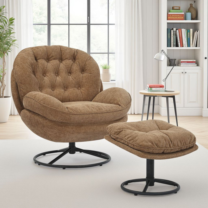 Azura Swivel Accent Chair with Footstool, Brown Chenille