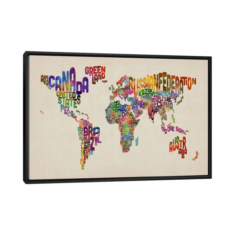 Texte typographique, carte du monde, Michael Tompsett, reproduction d'art graphique sur toile, H 18 po x l 26 po x P 1,5 po