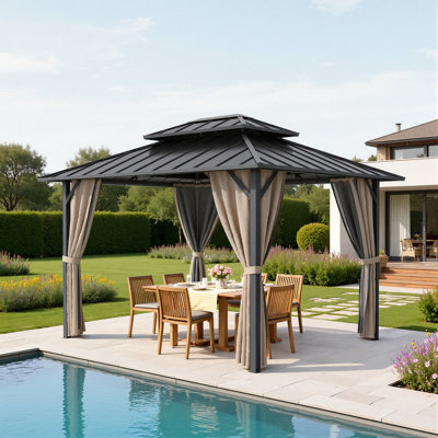 12 pi. L 10 pi. D Pavillon de jardin en métal avec toit en acier, rideaux et filet