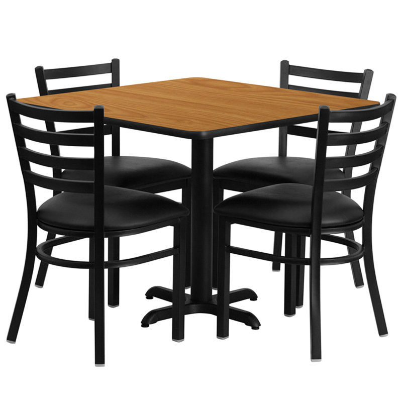 Lomonaco 36'' Square Laminate Table Set with X-Base and 4 Ladder Back Metal Chairs, Black/Natural
