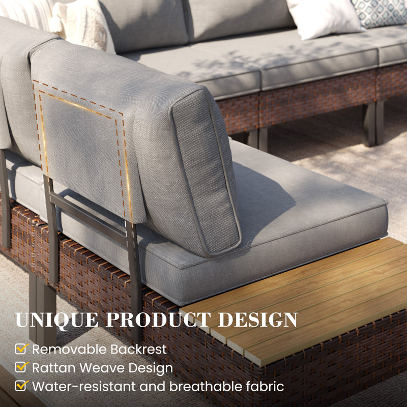 L-Shaped Rattan Outdoor Patio Sofa Set, Gray, 6