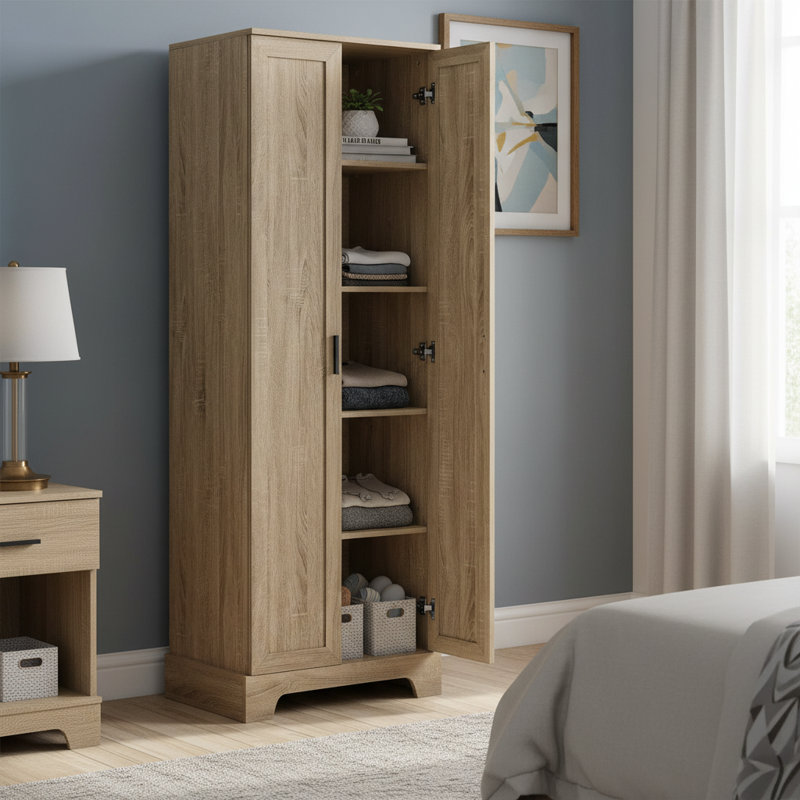 Universal Double-Door Storage Cabinet For Bathrooms And Offices; Adjustable Shelves; Medium-Density Fiberboard (MDF) Material; Simple Brown Color.