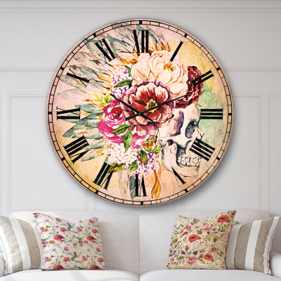 Crâne et fleurs - horloge murale bohémienne