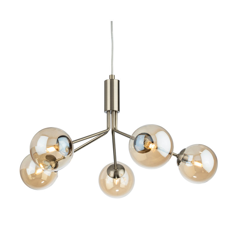 5 - Light Sputnik Chandelier, Antique Brass, Antique Brass, Amber