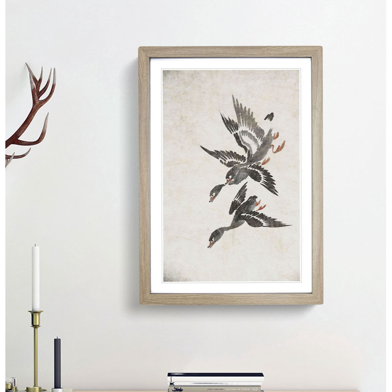 Wild Geese in Flight by Bian Shoumin - Framed Print, 65cm H x 48cm W x 2cm D, Oak Framed