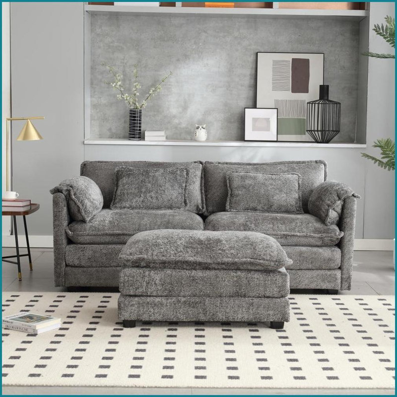Canapé double surdimensionné en chenille avec accoudoirs amovibles, poches latérales et amp; Repose-pieds - Idéal pour le salon | Gris | Chenille | Dossier serré