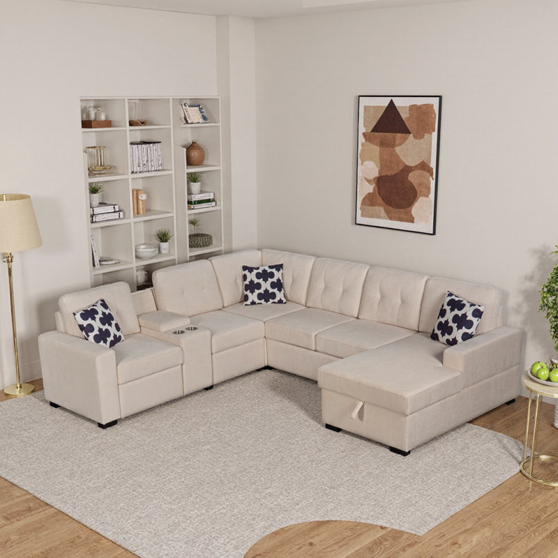 Canapé modulaire moderne en L à 5 places avec porte-gobelets, rangement caché et design convertible en chenille beige