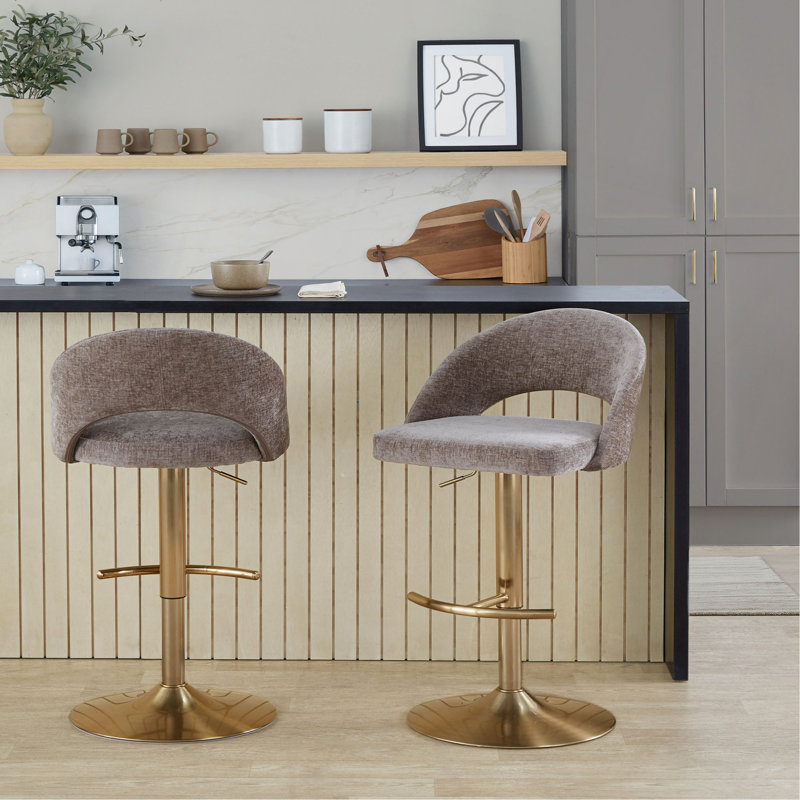 Tabouret de bar réglable avec pivot en métal doré et tissu avec repose-pieds rond en T - ensemble de 2